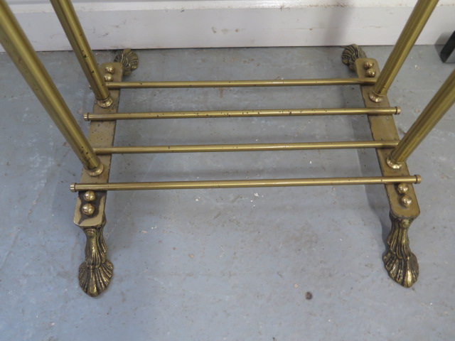 A wood and brass valet stand with hanger, tray and rails, width 49cm, height 125cm - Image 3 of 3