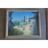 In the style of Thomas Edwin Mostyn 'Italianate Garden' oil on canvas in gilded painted frame, frame