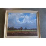 John Rohda oil painting on canvas of a Fenland farmhouse near Ely, presented in a natural wood