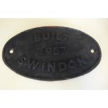 A cast iron locomotive plate for 0-3 Drewry Shunter one of six made in Swindon in 1957 - 27cm x 15cm