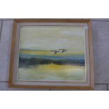 An oil on board of Whooper Swans over the Fens, signed HB Braunston, framed, 62cm x 73cm