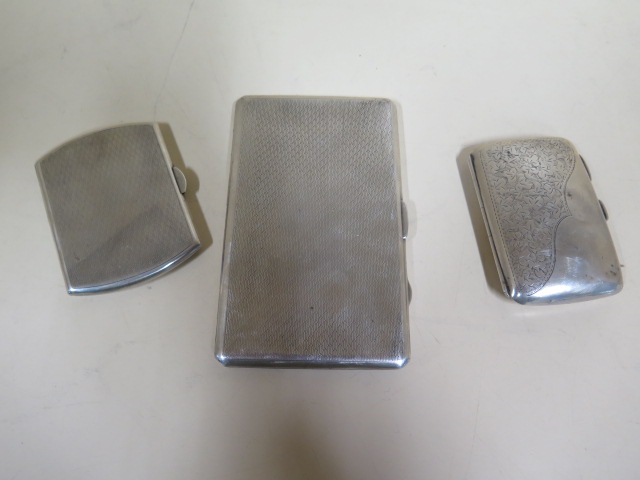 Three silver cigarette cases, approx 11.1 troy oz, general usage, small dents, all open and close - Image 2 of 3