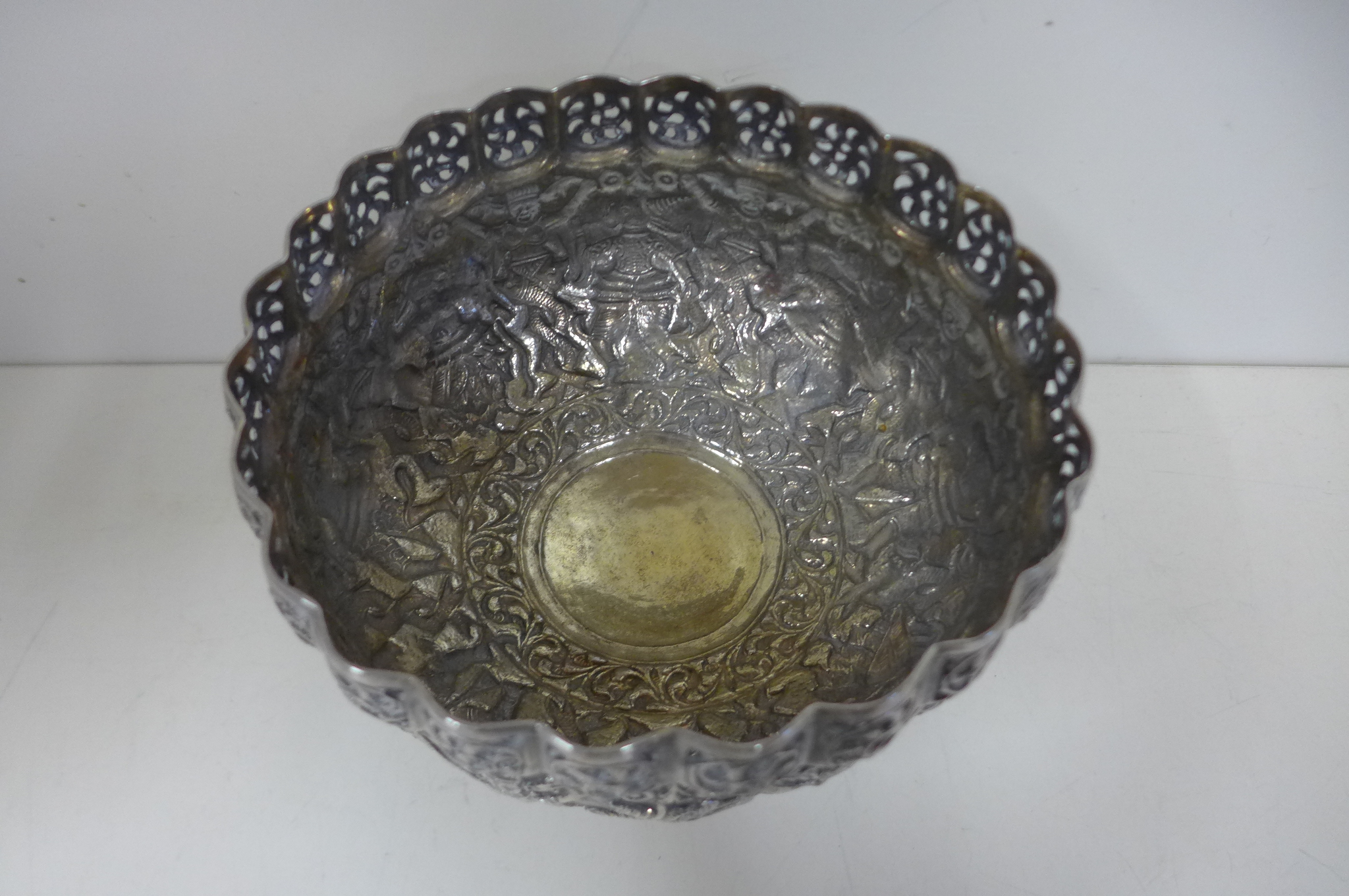 A 19th century Thai silver stem bowl decorated with mythical animals and beings, height 13.5cm, - Image 3 of 4