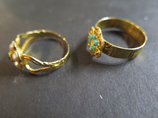 A 9ct gold and turquoise ring,size M, weight 2.1 grams, and an 18ct gold pearl and green stone ring, - Image 3 of 3