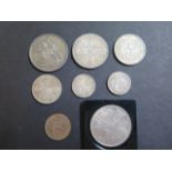 A Victorian 1887 silver coin set of six coins, including Crown, Half Crown, Double Florin, Florin