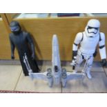 Two large Star Wars figures, 80cm tall, and an X wing - repair to one figure