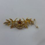 A yellow metal seed pearl and garnet brooch, not hallmarked, 4.5cm long, approx 4.4 grams, generally