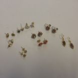 Nine pairs of 9ct earrings, all stone set, including diamond, garnets, sapphires etc - approx