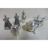 Two silver mustards, one with spoons, makers Deakin and Francis 1904, and William Davenport 1906 -