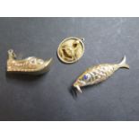 Three 9ct charms, Cancer - Clog - Fish, articulated - total 9.4 grams - hallmarked except for Cancer