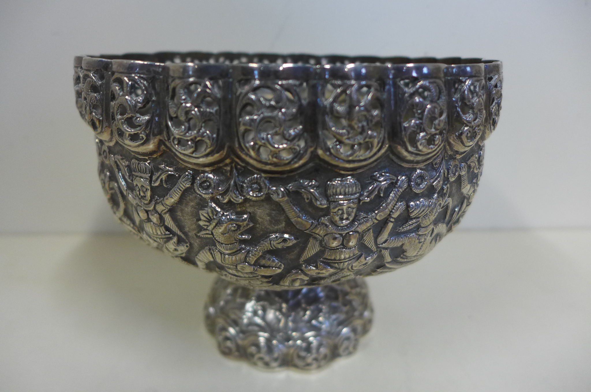 A 19th century Thai silver stem bowl decorated with mythical animals and beings, height 13.5cm, - Image 2 of 4