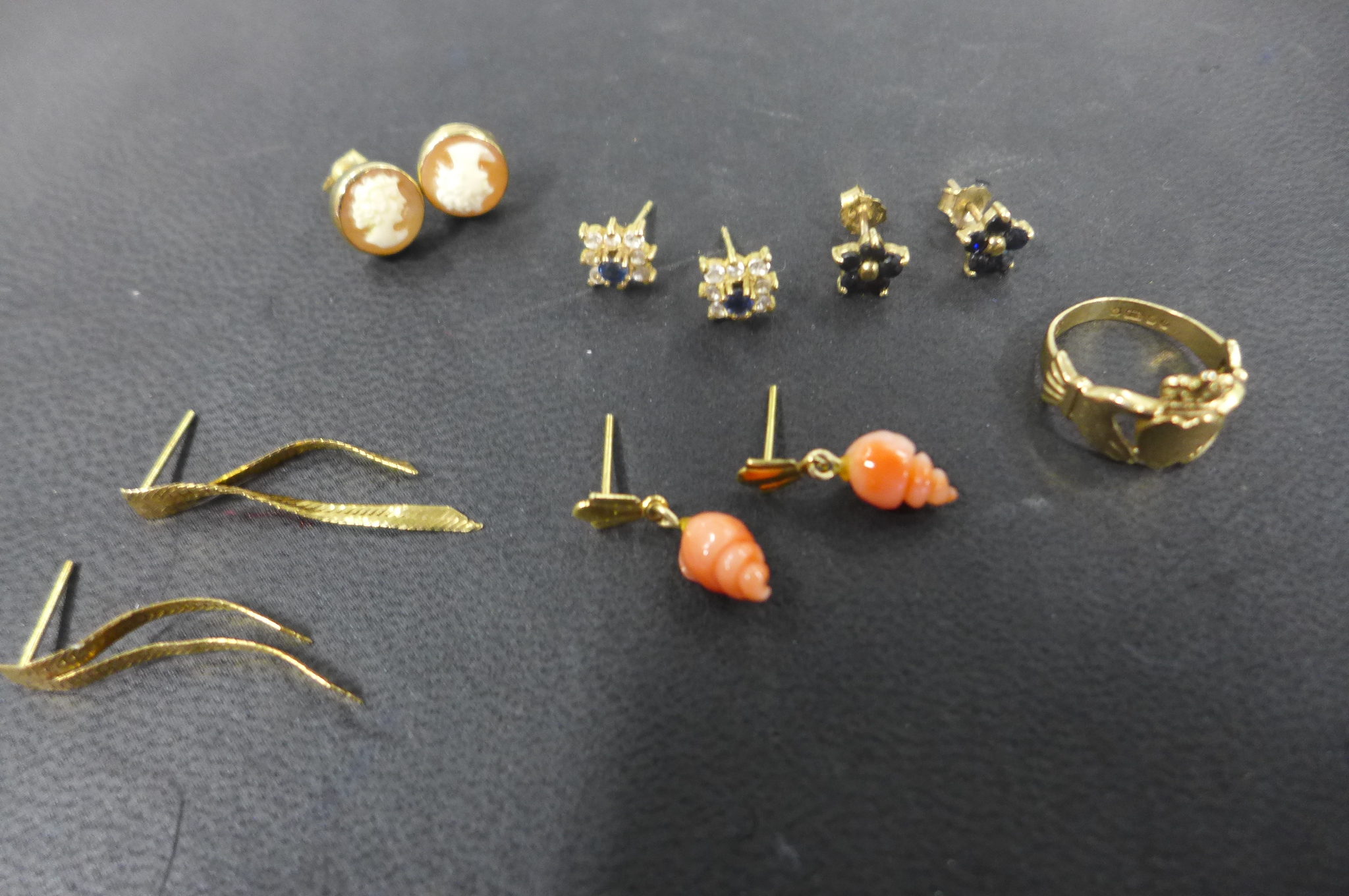 Five pairs of 9ct gold earrings including coral, cameo etc, some with hallmarks and a 9ct gold