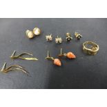 Five pairs of 9ct gold earrings including coral, cameo etc, some with hallmarks and a 9ct gold