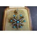 A Vicrtorian/Edwardian 15ct gold seed pearl and turquoise star brooch/pendant,width 30mm - fitted