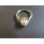 An 18ct white gold and pearl ring set, with a single pearl, approx 7mm diameter, ring size O, weight