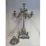 An impressive silver plated three branch centrepiece with triform camel base, 58cm tall, original