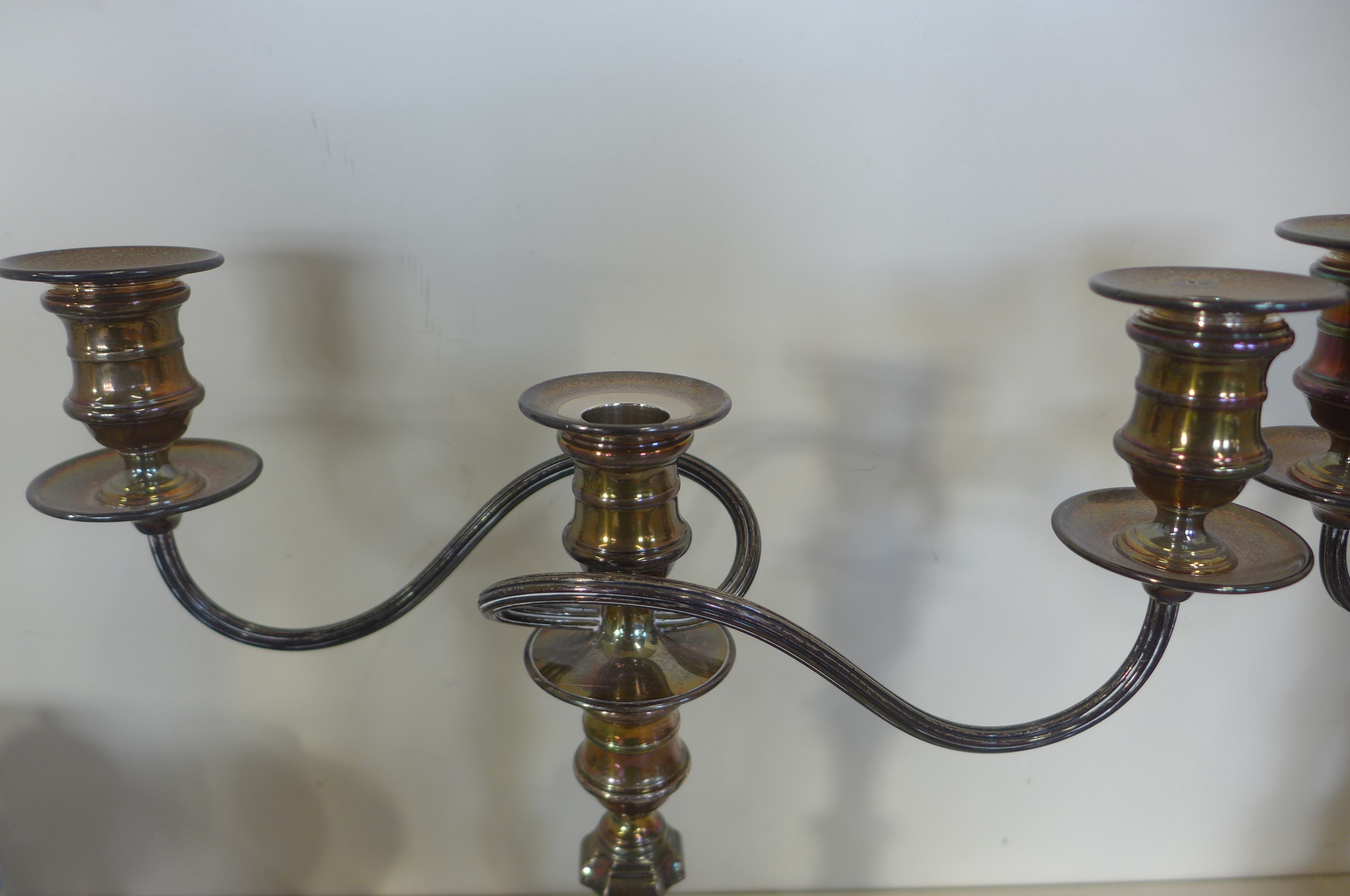 A pair of weighted silver two branch candlesticks, Birmingham 1969/70 - B E S Co - 32cm tall, both - Image 4 of 4