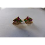 A pair of yellow gold screw back diamond, ruby and emerald earrings, 17mm x 11mm, approx 4.9