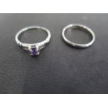 An 18ct white gold Art Deco style amethyst ring, stamped 18K size L, and an 18ct white gold