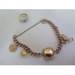 A 9ct rose gold watch chain bracelet with yellow and rose gold 9ct fob acting as a joining link,