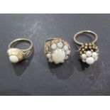 Three 9ct gold rings, one opal with missing stone, two pearl rings, damage to all pearls, weight