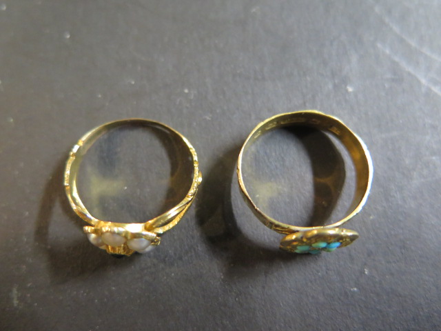 A 9ct gold and turquoise ring,size M, weight 2.1 grams, and an 18ct gold pearl and green stone ring, - Image 2 of 3