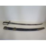 A Victorian hanger sword with leather scabbard blade, 65cm long, pitting to blade and general wear