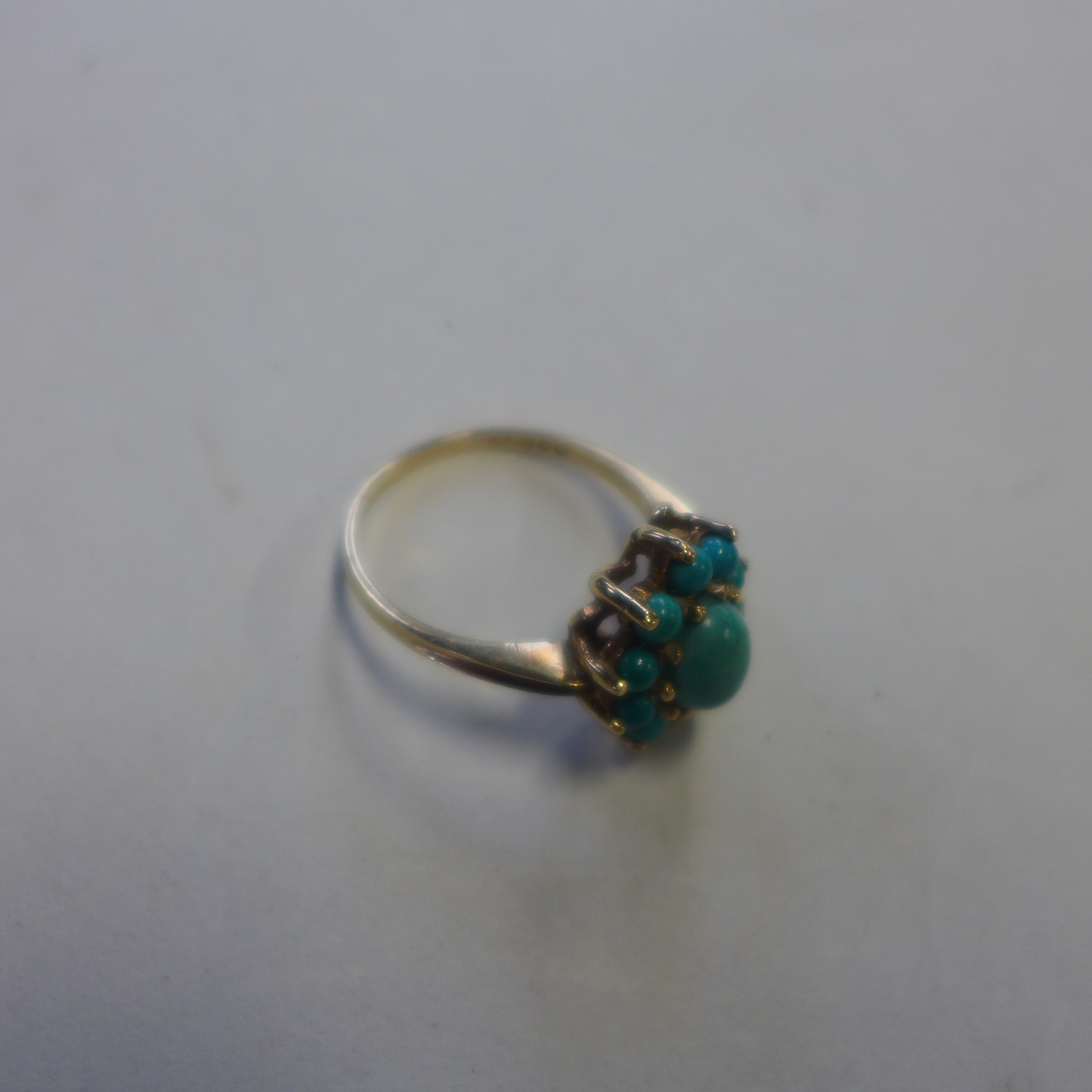 A 9ct hallmarked turquoise cluster ring, size O, approx 3 grams, generally good - Image 2 of 2