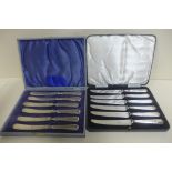Two sets of silver handled butter knives in cases, one set Art Deco style, very clean condition,