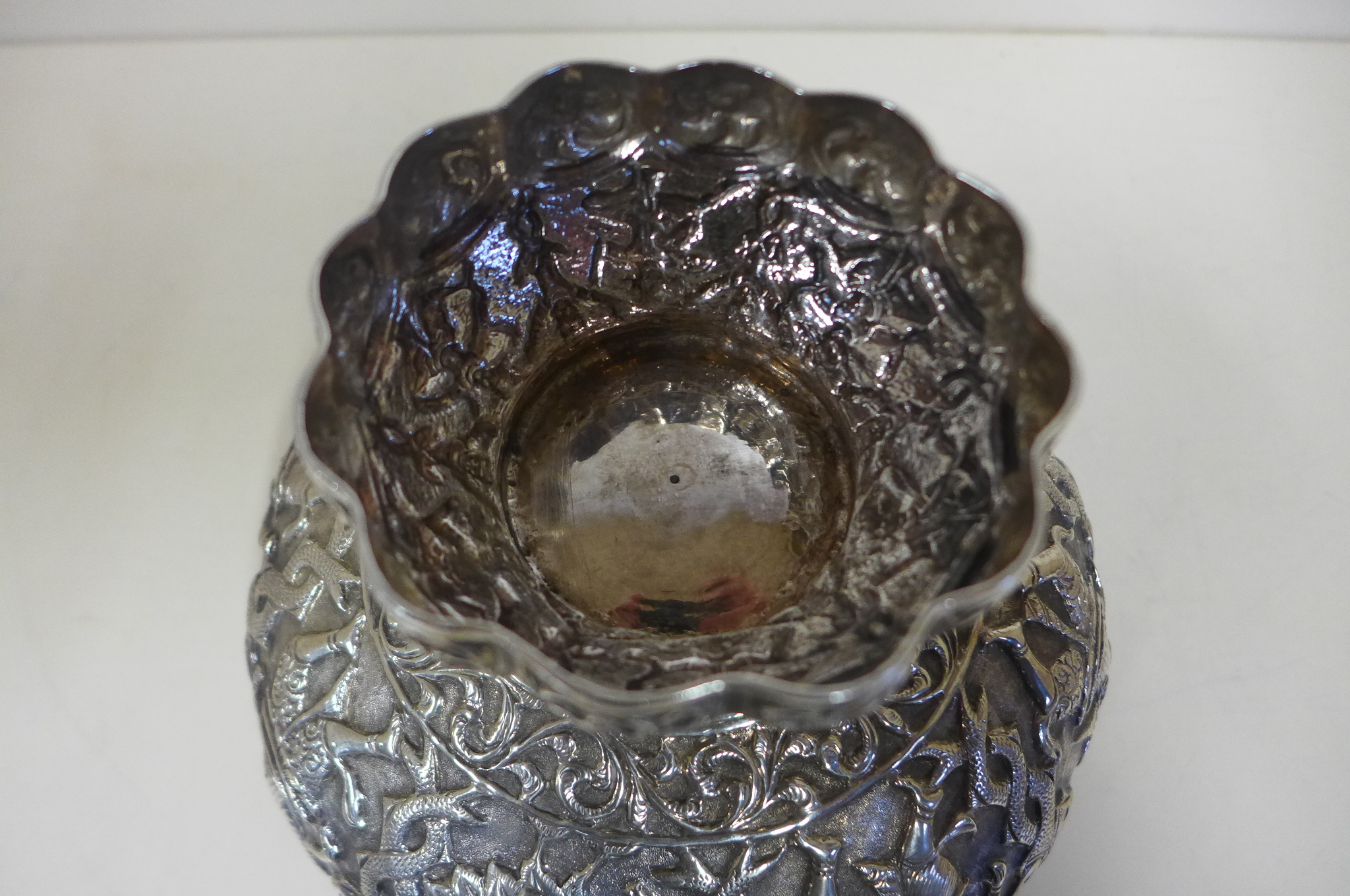 A 19th century Thai silver stem bowl decorated with mythical animals and beings, height 13.5cm, - Image 4 of 4