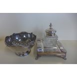 A large silver plated desk stand, 19cm square, and a silver plated engraved rose bowl