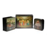 Three Russian lacquer papier-mache Fedoskino boxes, one painted with two courting couples playing