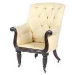 A George IV mahogany lyre shape armchair, button upholstered with damask fabric, with a reeded