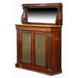 λ A William IV rosewood and satinwood chiffonier, the raised mirrored back with scroll supports,