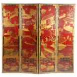 A pair of leather chinoiserie four-fold screens, each decorated with figures, buildings, trees and