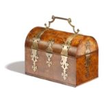 A Victorian burr walnut box, with brass strapwork mounts, the domed lid with a swing handle,