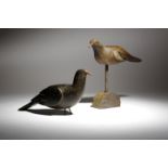 Two folk art painted pine decoy pigeons, one later mounted, late 19th / early 20th century, 28.3cm