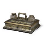 A William IV ebony and brass boulle marquetry inkstand, in the manner of Leuchars, with a pair of