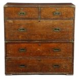 A Victorian oak campaign chest, in two halves, with brass mounts fitted with two short and three