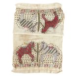 An Ottoman Turkish linen hand towel, worked with coloured thread with a pair of horses and with gilt