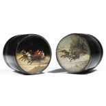 Two late 19th century Russian black lacquer papier-mache boxes by Vishniakov, either for tea or