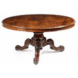 A William IV rosewood breakfast table, the circular tilt-top with a moulded edge, on a baluster