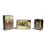 Three Russian black lacquer papier-mache boxes, one by Lukutin, painted with a girl emerging from