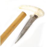 λ A Victorian ivory handled walking cane, the handle carved with scrolls and with a snake head which