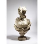 A French patinated terracotta bust of a young lady, in 18th century style, sporting ribbons and a