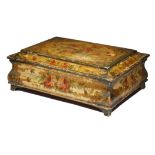 An Italian lacquer box in Rococo style, painted with panels of flowers, a bird and a butterfly, with