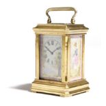 AMENDED A miniature gilt brass and porcelain mounted carriage clock, with a platform lever