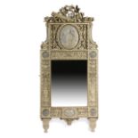 A Louis XVI style grey painted trumeau wall mirror, with parcel gilt and blue painted decoration,