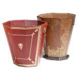 Two leather waste paper bins, each of faceted tapering shape, with gilt tooled decoration, both with