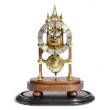 λ A Victorian brass skeleton clock, the single fusee movement with six turned pillars and an anchor